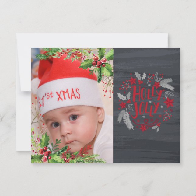Baby’s First Christmas, Holly Berries,Photo Holiday Card (Front)