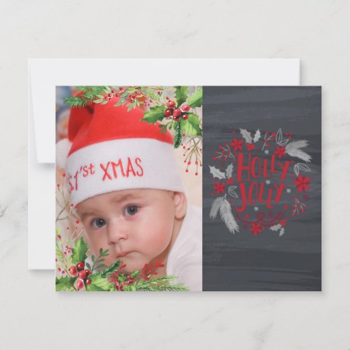 Babys First Christmas Holly BerriesPhoto Holiday Card