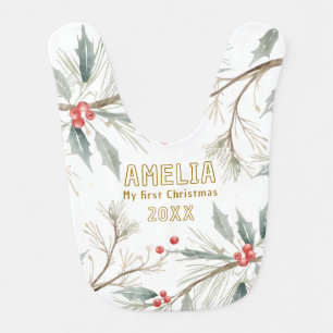 Baby`s First Christmas Holly Winter Foliage Baby Bib