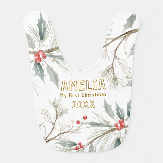 Baby`s First Christmas Holly Winter Foliage  Baby Bib (Front)