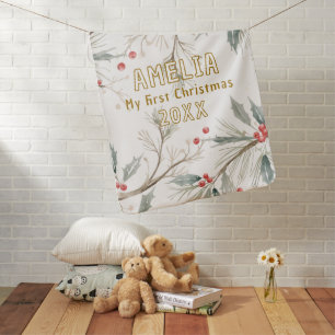 Baby`s First Christmas Holly Winter Foliage  Baby Blanket