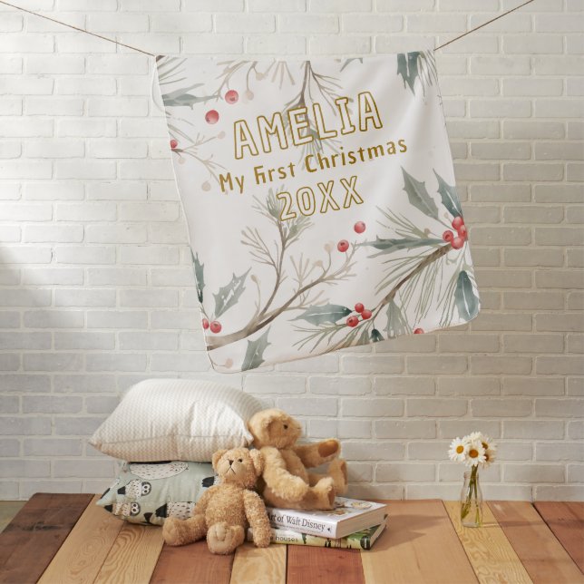 Baby`s First Christmas Holly Winter Foliage  Baby Blanket (In Situ)