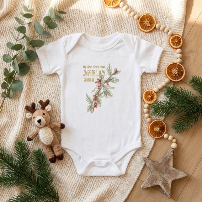 Baby`s First Christmas Holly Winter Foliage Baby Bodysuit (Creator Uploaded)