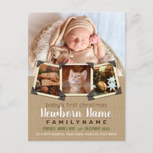 Babys First Christmas Instagram Photos Burlap Holiday Postcard