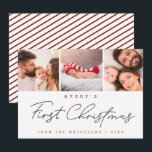 Baby’s First Christmas Modern Photo Collage Holiday Card<br><div class="desc">Celebrate your baby’s very first Christmas with this modern photo holiday card, featuring a timeless red and white candy cane striped back design and elegant script lettering that reads “First Christmas.” Upload your favorite three family or newborn photos to create a personalized keepsake that captures the joy of your growing...</div>