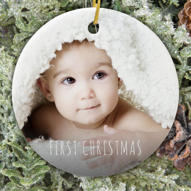 Baby`s First Christmas Modern Typography Photo Ceramic Ornament (Creator Uploaded)
