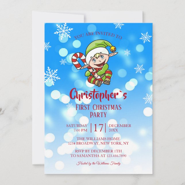 Baby`s First Christmas Party Elf Candy Invitation (Front)