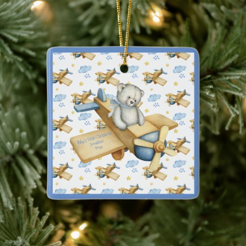 Babys First Christmas Personalize Blue Cute Baby Ceramic Ornament