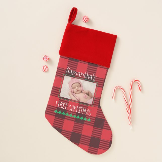 Baby’s First Christmas Photo and Red Plaid Christmas Stocking (Front)