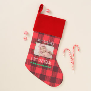 Baby’s First Christmas Photo and Red Plaid Stocking