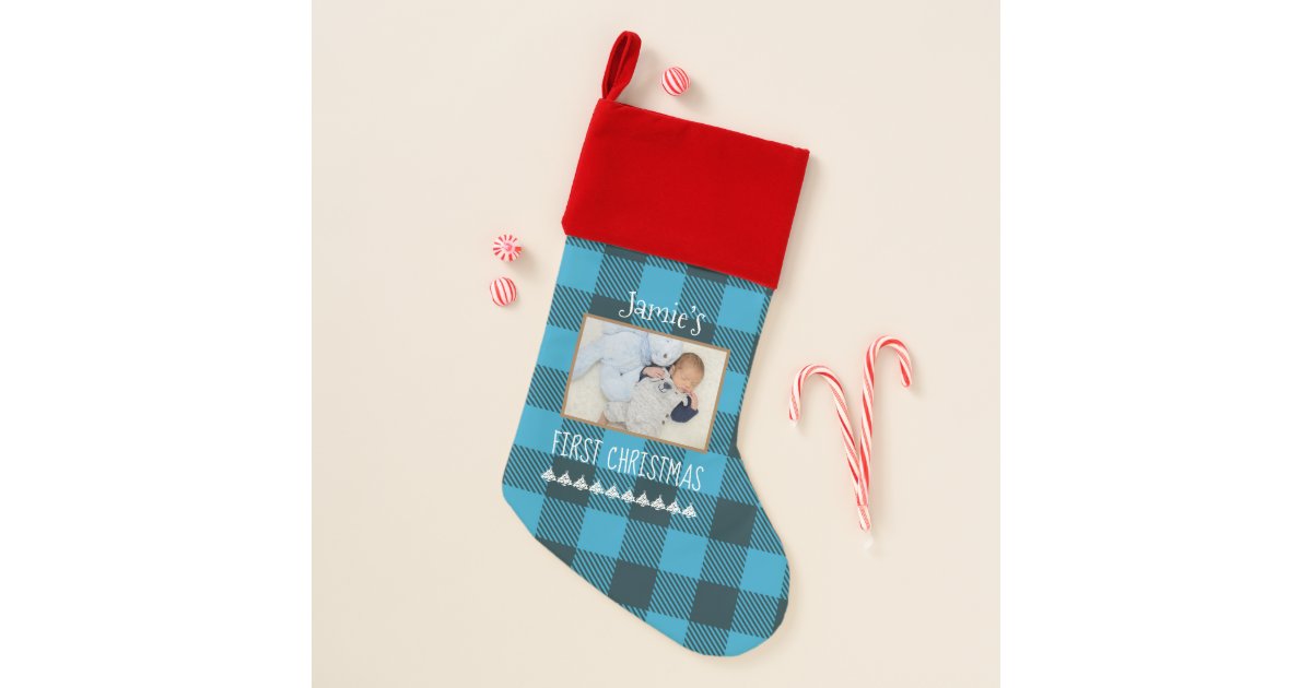 Baby S First Christmas Photo Blue Plaid Christmas Stocking Zazzle Com