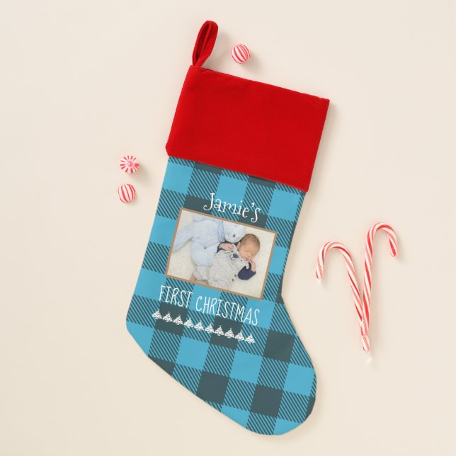 Baby’s First Christmas Photo Blue Plaid Christmas Stocking (Front)