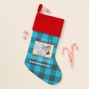 Baby’s First Christmas Photo Blue Plaid Stocking
