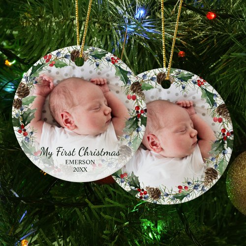 Babys First Christmas Photo Holiday Wreath Ceramic Ornament