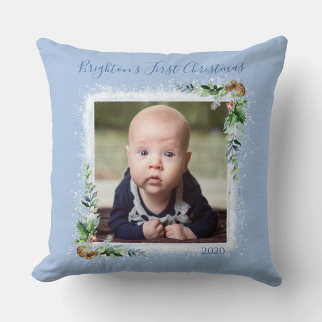 Baby’s First Christmas Photo Name Date Snowflakes Throw Pillow (Front)
