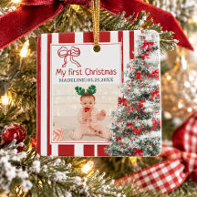 Baby’s First Christmas Photo Red Stripes Bow Tree