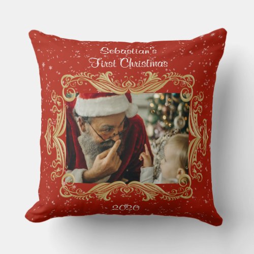 Babys First Christmas Photo Template Name Date Throw Pillow