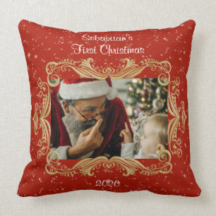 Baby’s First Christmas Photo Template Name Date Throw Pillow