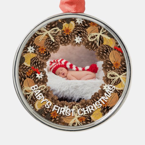 Babyâs First Christmas Pinecone Wreath Your Photo Metal Ornament