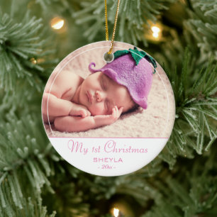 Baby`s First Christmas Pink Baby Girl Photo Ceramic Ornament