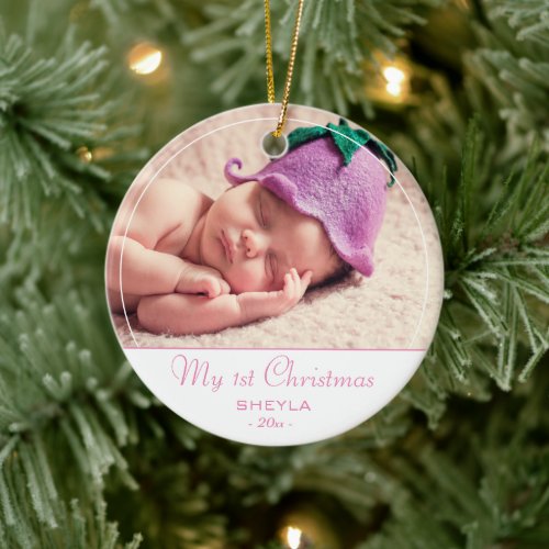 Babys First Christmas Pink Baby Girl Photo Ceramic Ornament