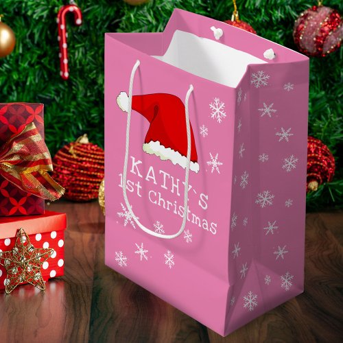 Babys First Christmas Pink Santa Hat Snowflake  Medium Gift Bag