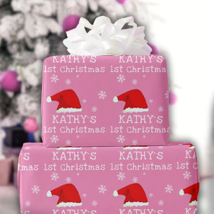 Baby`s First Christmas Pink Santa Hat Snowflake Wrapping Paper