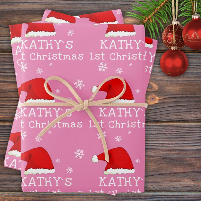 Baby`s First Christmas Pink Santa Hat Snowflake Wrapping Paper Sheets (Creator Uploaded)