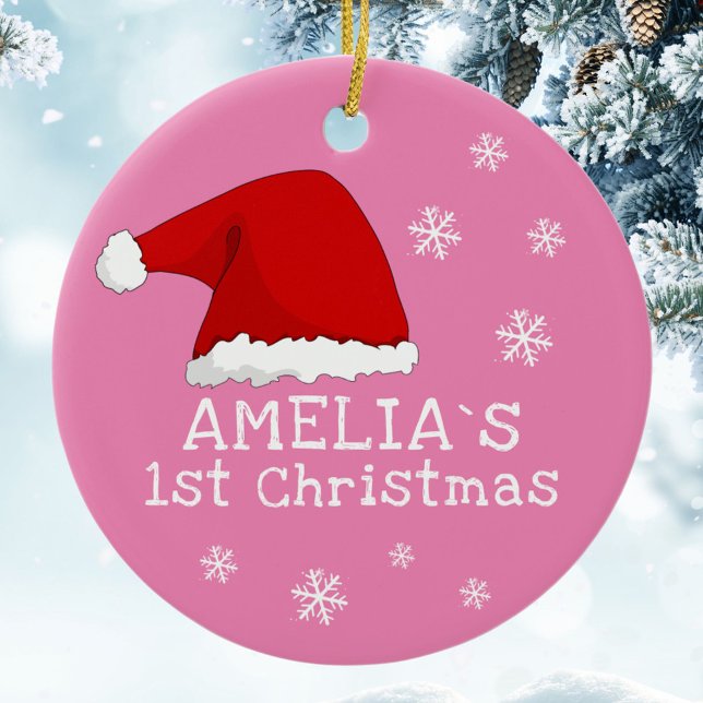 Baby`s First Christmas Pink Santa Hat Snowflakes Ceramic Ornament (Creator Uploaded)
