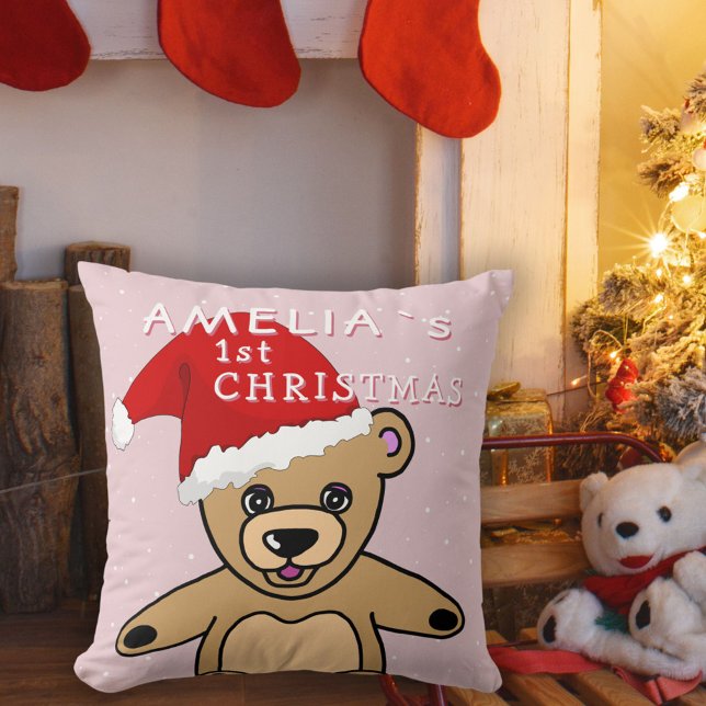 Baby`s First Christmas Pink Teddy Bear Santa Hat Throw Pillow (Creator Uploaded)