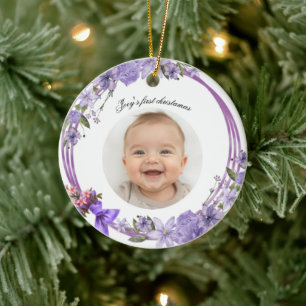 Baby’s First Christmas – Purple Floral Wreath Ceramic Ornament