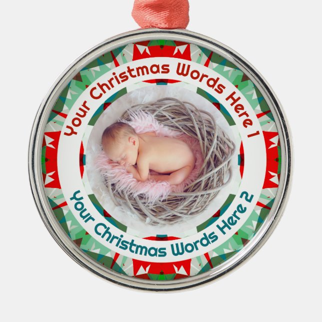 Baby’s First Christmas Red Green Family Photo Gift Metal Ornament (Front)