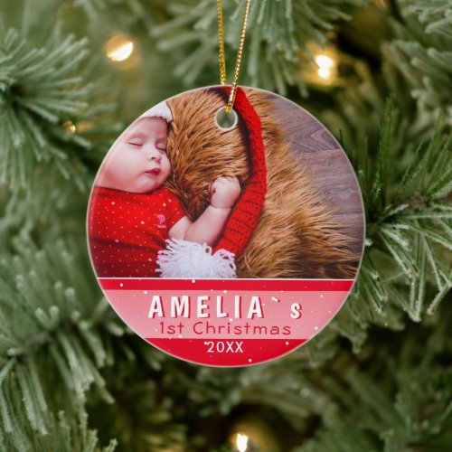 Babys First Christmas Red Photo Ceramic Ornament