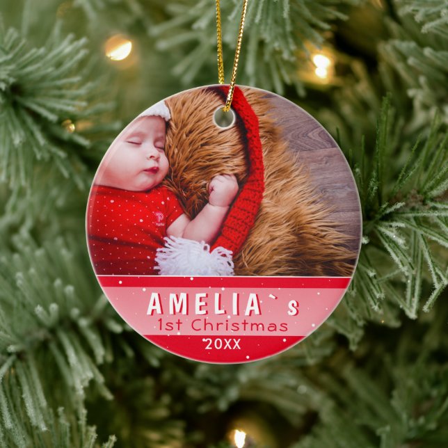 Baby`s First Christmas Red Photo Ceramic Ornament (Tree)
