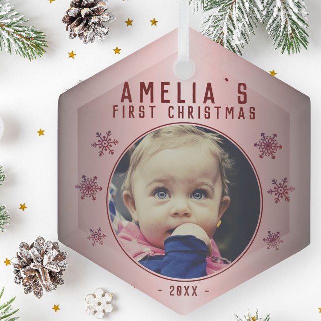 Baby`s First Christmas Red Pink Snowflake Photo  Glass Ornament (Creator Uploaded)