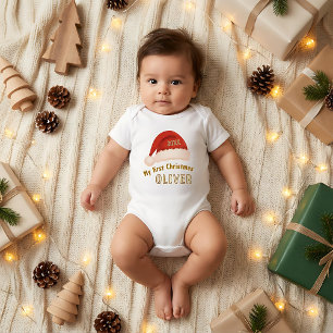 Baby`s First Christmas Red Santa Hat Baby Bodysuit
