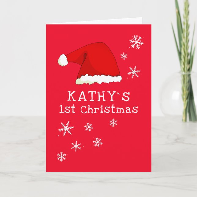 Baby`s First Christmas Red Santa Hat Snowflake Card (Front)
