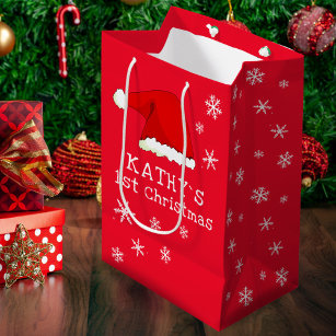 Baby`s First Christmas Red Santa Hat Snowflake Medium Gift Bag