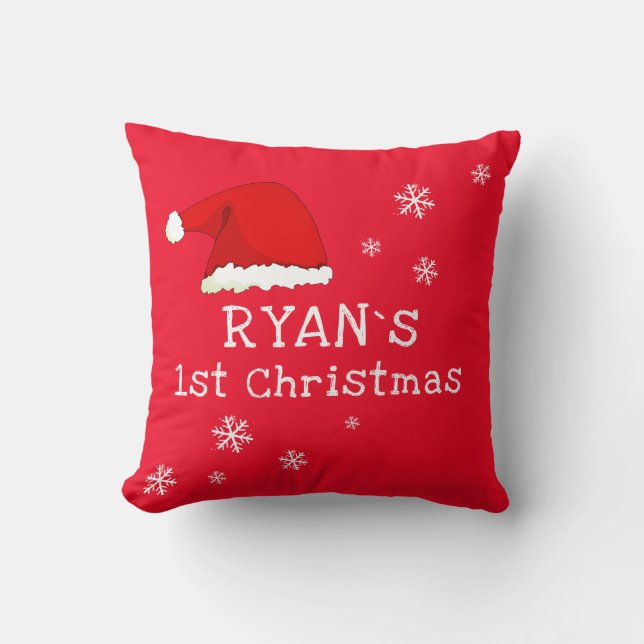 Baby`s First Christmas Red Santa Hat Snowflake Throw Pillow (Front)