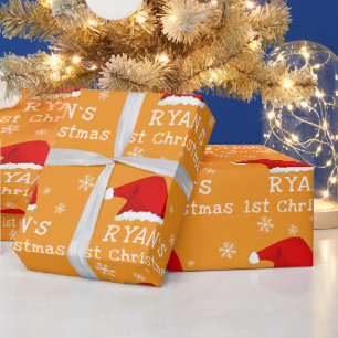 Baby`s First Christmas Red Santa Hat Snowflake Wrapping Paper