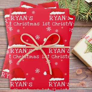 Baby`s First Christmas Red Santa Hat Snowflake Wrapping Paper Sheets