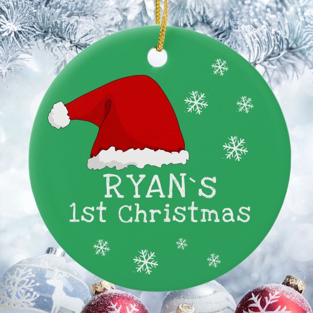 Baby`s First Christmas Red Santa Hat Snowflakes Ceramic Ornament (Creator Uploaded)