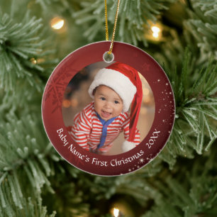Baby’s First Christmas Red Snowflake 2-Photo Ceramic Ornament