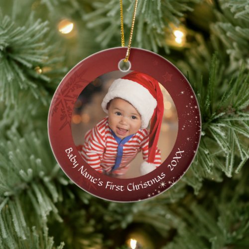 Babys First Christmas Red Snowflake 2_Photo Ceramic Ornament