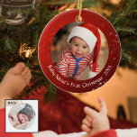 Baby’s First Christmas, Red Snowflake, 2-Sided Ceramic Ornament<br><div class="desc">Commemorate a baby's first Christmas with two photos on this double-sided keepsake ornament featuring a red background with snowflakes and stars and a place to add your personalized text on both sides. Change or delete the text as desired. The text font style, size and color can be changed by clicking...</div>