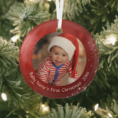 Babyâs First Christmas Red Snowflake Photo Glass Ornament