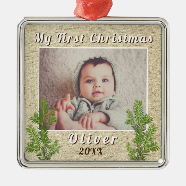 Baby`s First Christmas Rustic Metal Ornament (Front)