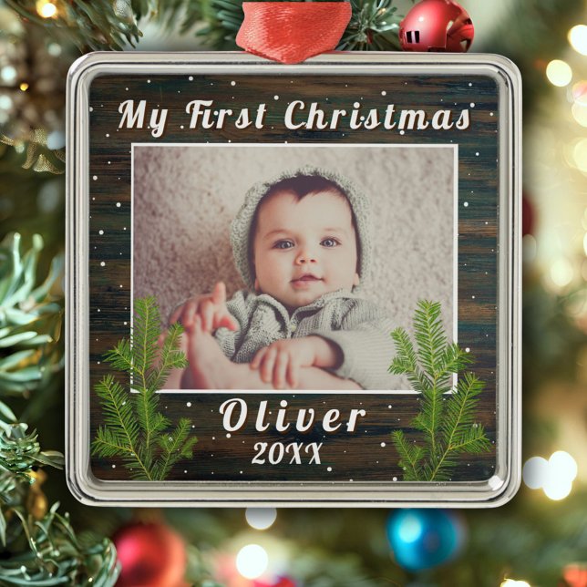 Baby`s First Christmas Rustic Wood Metal Ornament (Creator Uploaded)