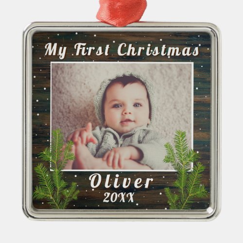 Babys First Christmas Rustic Wood Metal Ornament