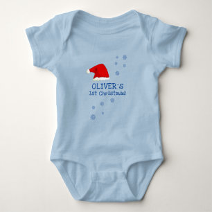 Baby`s First Christmas Santa Hat Snowflake Blue Baby Bodysuit